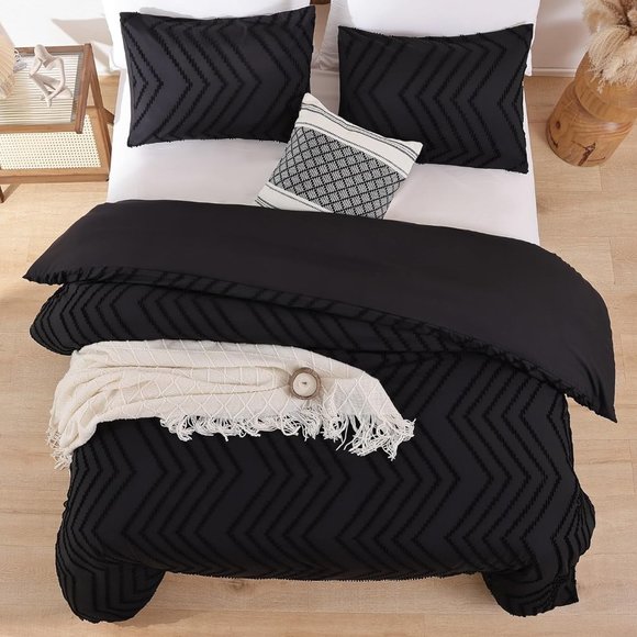 Black Chevron Tufted Zigzag Textured Full Size Bed Boho Comforter Set Bedding - Picture 7 of 16